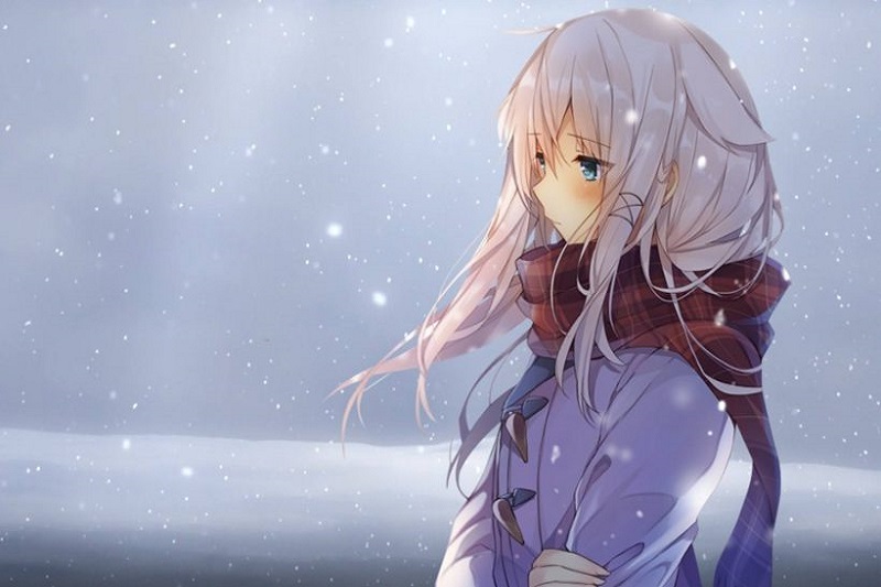 Anime girl in snowfall, HD background, 1080x1920, winter theme, serene atmosphere, perfect for wallpapers.