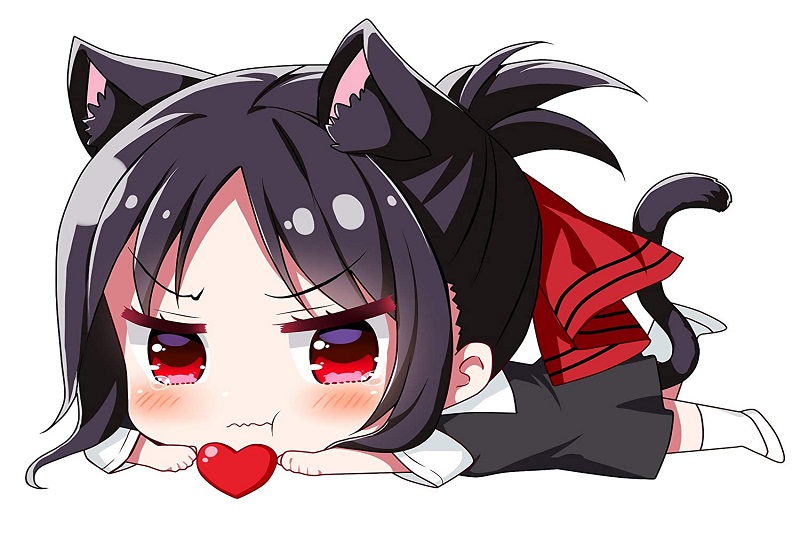Chibi anime mèo dễ thương cầm trái tim, hình nền 1080x1920, chất lượng HD, phong cách hoạt hình sống động.
