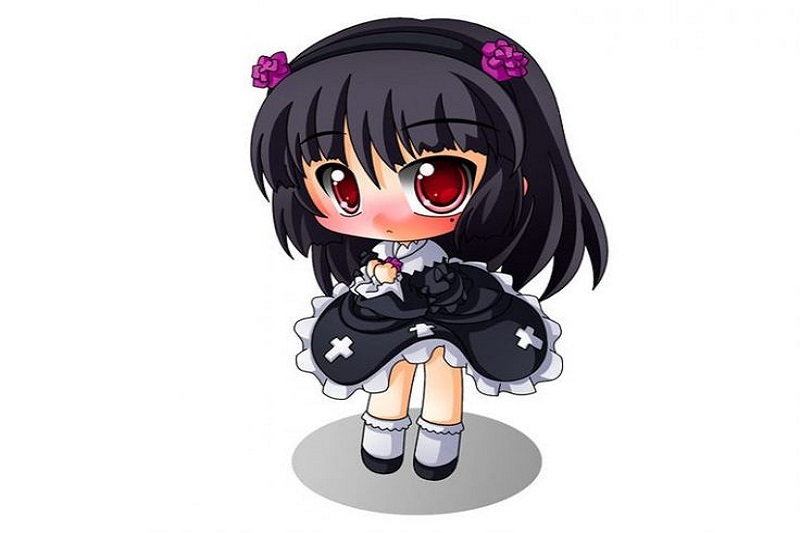 Hình nền anime chibi đáng yêu với váy đen, hoa tím, chất lượng HD, độ phân giải 1080x1920.