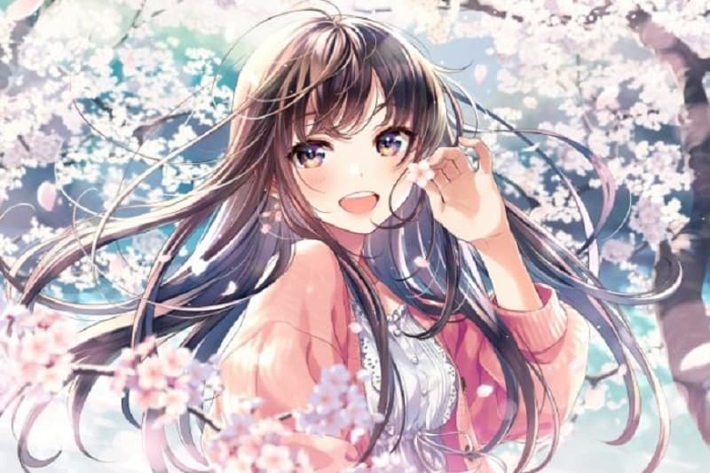 Anime girl amidst cherry blossoms, vibrant spring scene, HD quality, perfect for 1080x1920 wallpaper.