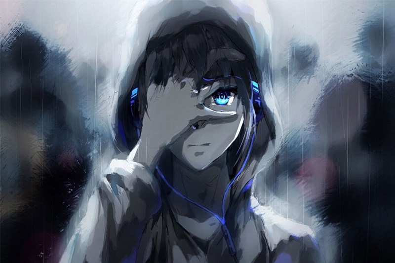 Hình nền anime với nhân vật bí ẩn đội mũ, tai nghe xanh, ánh mắt sáng, HD, 1080x1920.