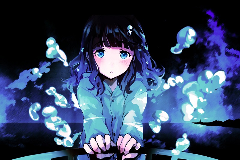 Anime girl with blue eyes surrounded by glowing orbs, HD wallpaper, 533x800 resolution, captivating fantasy theme.
