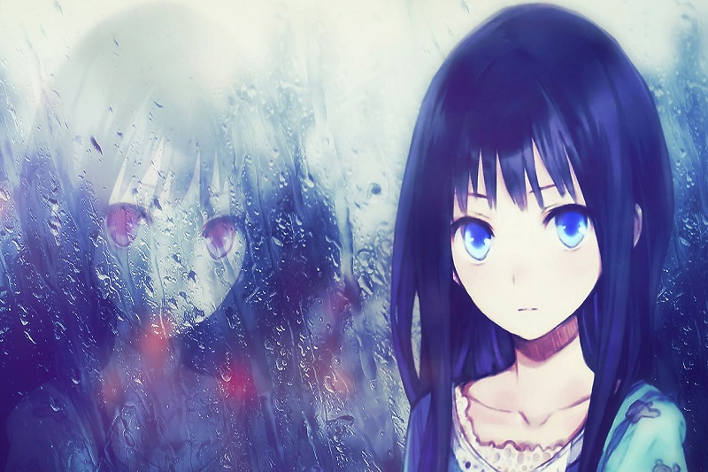 Hình nền anime cô gái buồn bên cửa sổ mưa, chất lượng HD, 1080x1920, tạo không gian lãng mạn và bí ẩn.