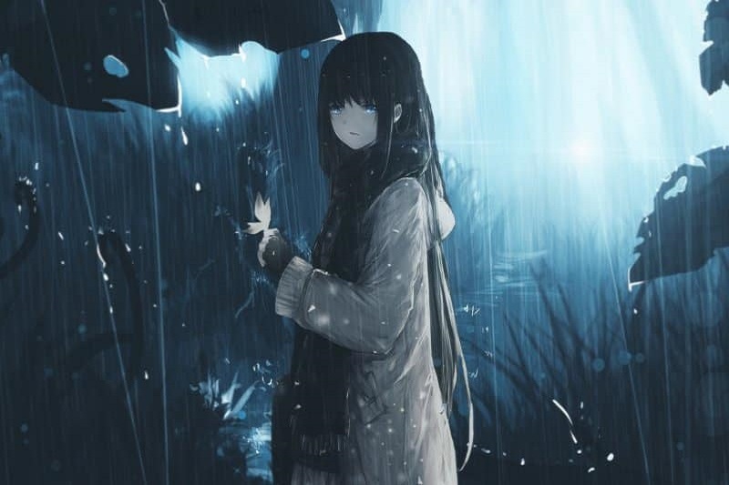 Anime cô gái dưới mưa, ánh sáng bí ẩn, hình nền HD 1080x1920, chủ đề thiên nhiên và cảm xúc.