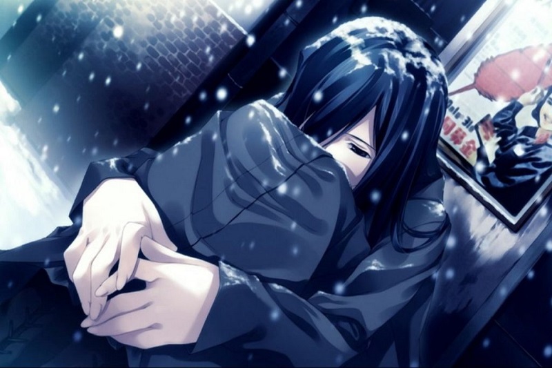 Hình nền anime mùa đông tuyết rơi, nhân vật cô đơn ngồi dưới bóng tối, độ phân giải 533x800, chất lượng HD.
