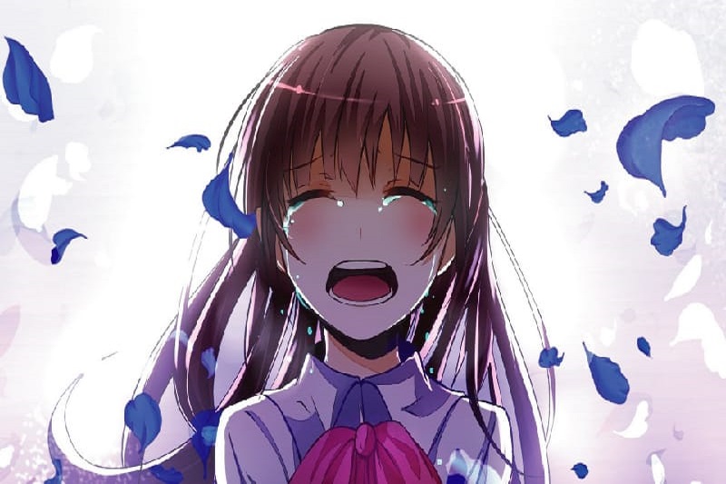 Anime cô gái khóc trong mưa hoa xanh, độ phân giải 1080x1920, hình nền HD sống động, cảm xúc mãnh liệt.