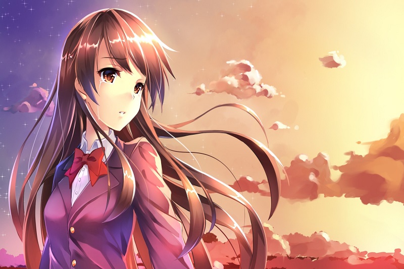 Anime cô gái đứng trước hoàng hôn, nền trời thơ mộng, chất lượng HD, độ phân giải 1080x1920.