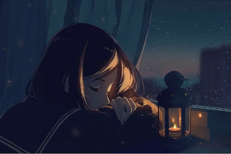 Thiếu nữ anime bên cửa sổ mưa, ngọn đèn lồng sáng ấm áp, ảnh nền HD 1080x1920, phong cảnh đêm tĩnh lặng.
