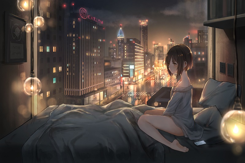 Anime girl by window overlooking cityscape at night, HD 1080x1920. Cozy urban ambiance, perfect wallpaper.