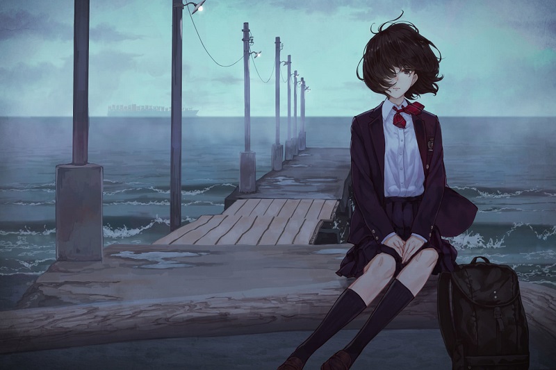Thiếu nữ anime ngồi trên cầu cảng biển, phong cảnh u buồn, chất lượng HD, 1080x1920, hình nền đẹp.