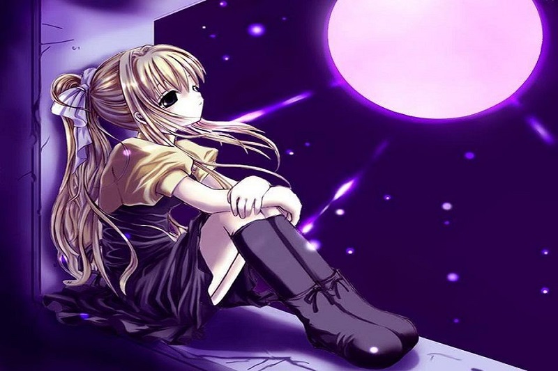 Anime cô gái ngồi dưới ánh trăng tím huyền ảo, chất lượng HD, kích thước 1080x1920, hình nền lãng mạn.