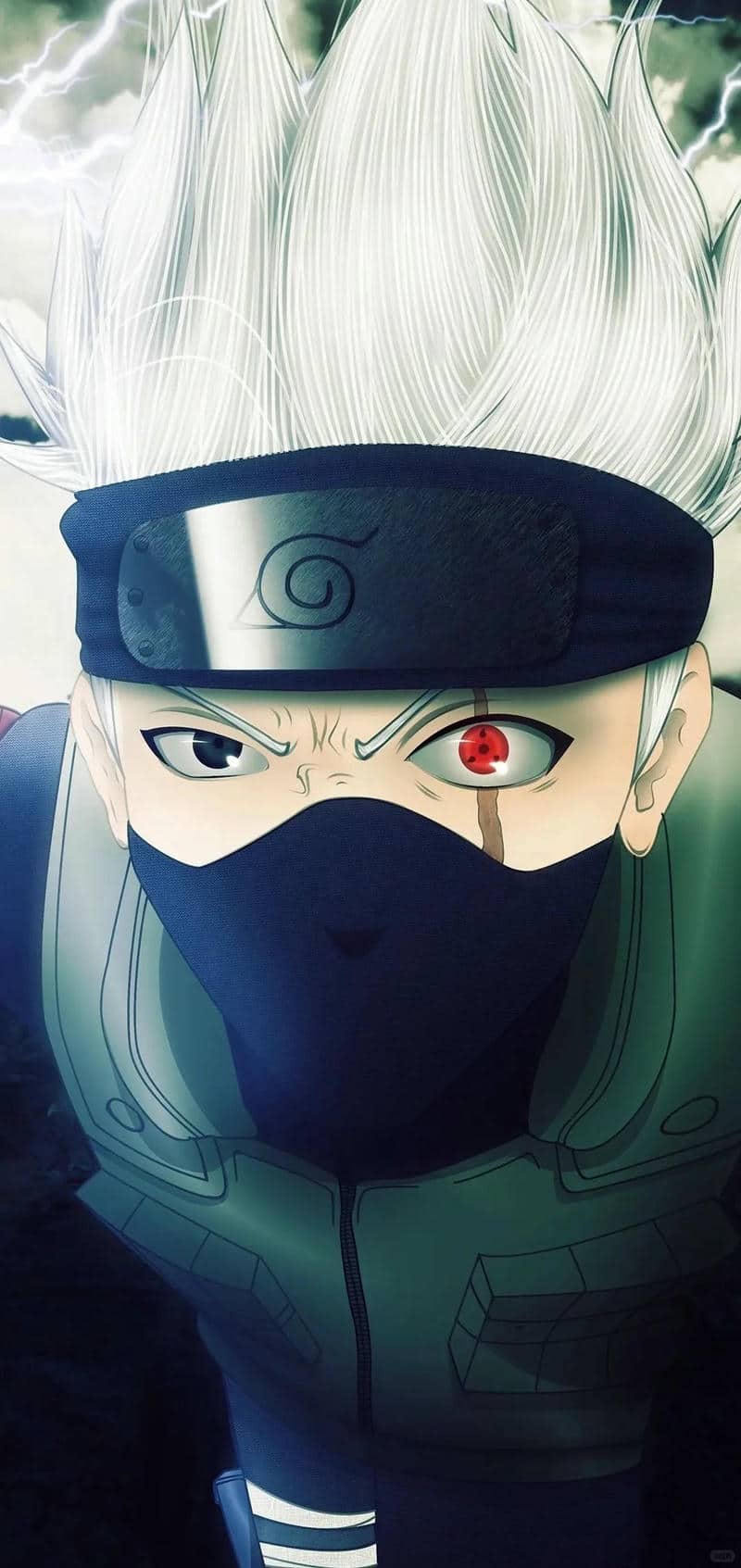 Hình nền anime ấn tượng với nhân vật mạnh mẽ, nền sấm chớp, độ phân giải 1080x1920, chất lượng HD, phong cách ninja.