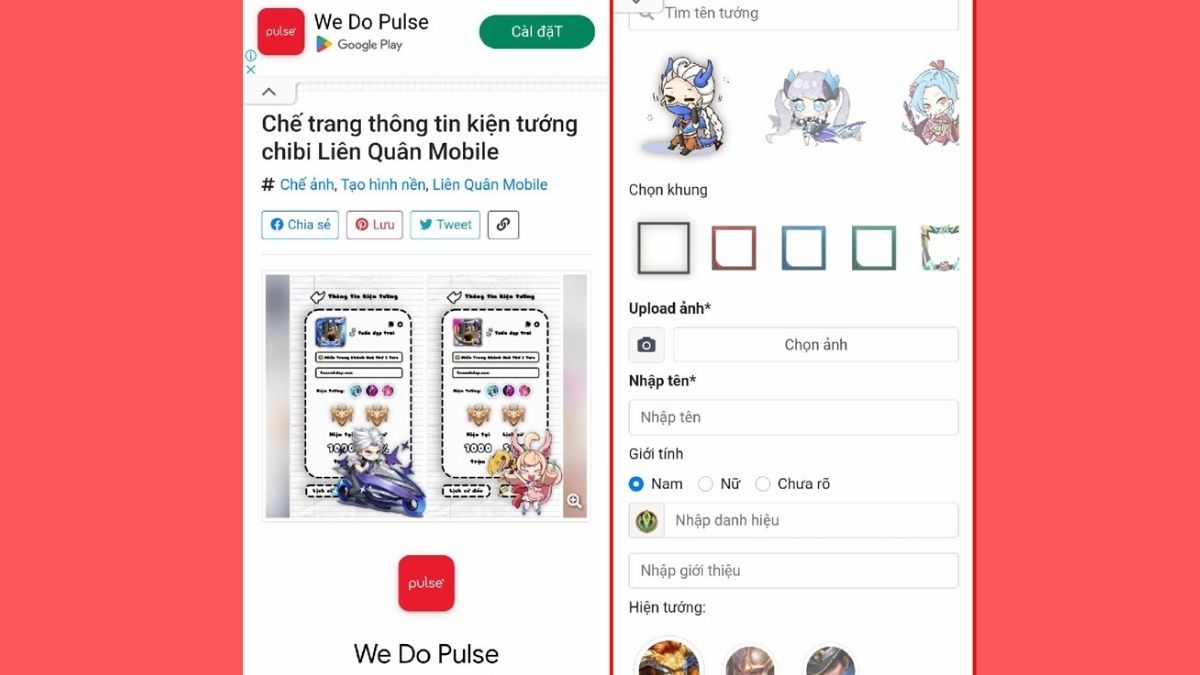 Chế trang thông tin tướng chibi Liên Quân Mobile, nền đỏ, độ phân giải 1080x1920, HD, thiết kế sáng tạo, game.
