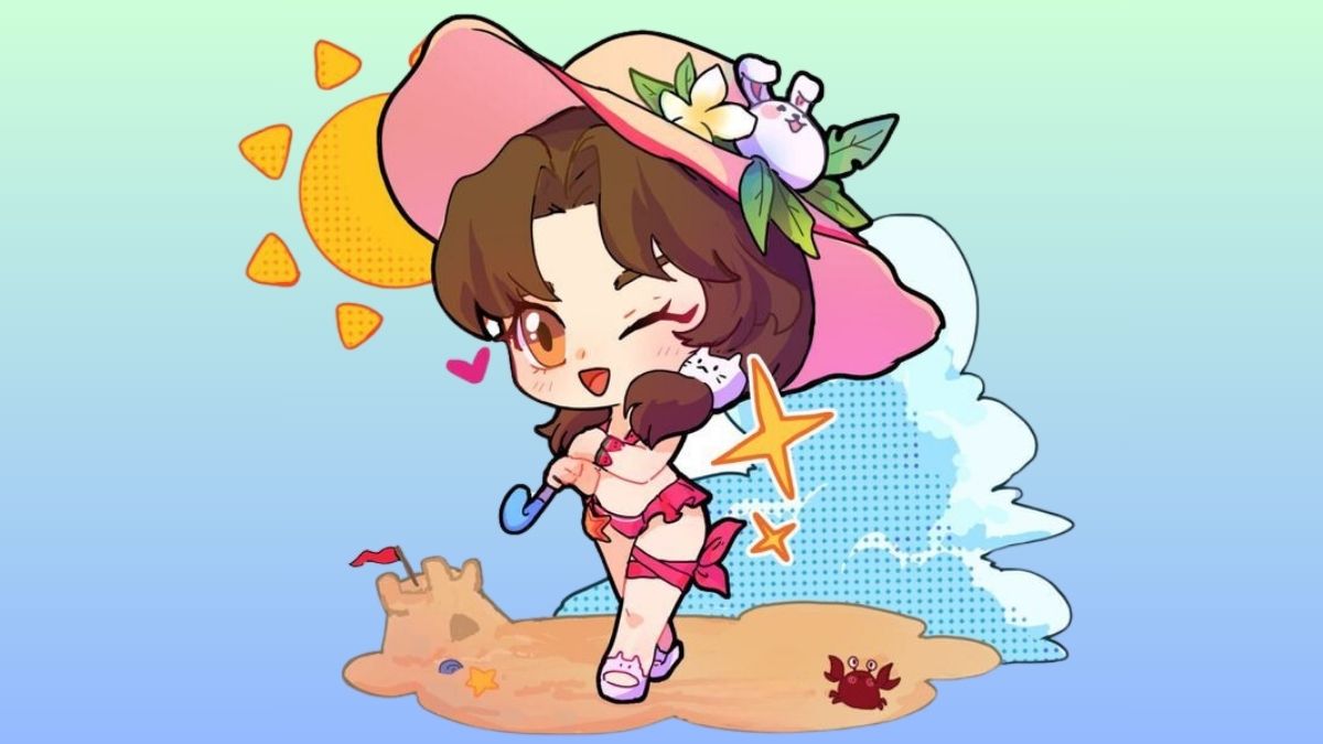 Hình nền anime mùa hè đáng yêu, độ phân giải 675x1200, chất lượng HD, nhân vật hoạt hình vui nhộn trên bãi biển.