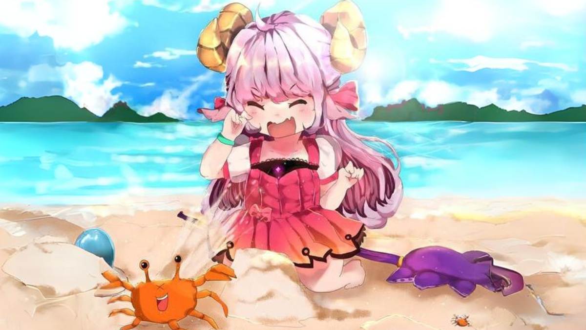 Anime dễ thương trên bãi biển với cua, nền biển xanh. Độ phân giải 675x1200, chất lượng HD. Từ khóa: anime, bãi biển.