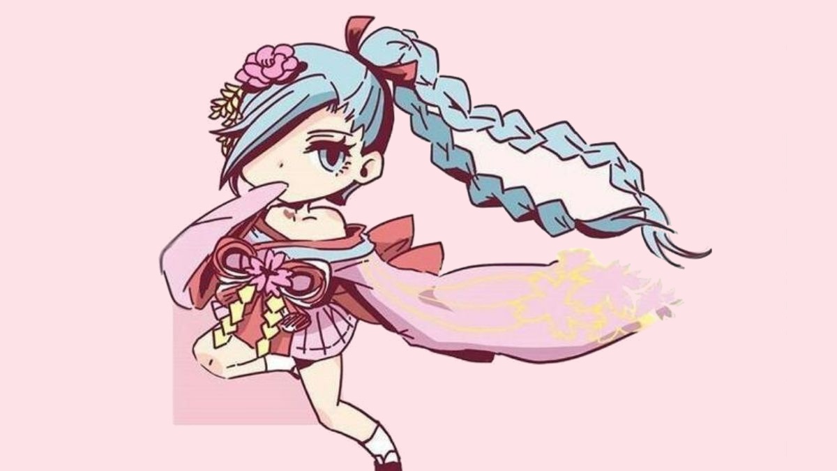 Hình nền anime dễ thương, độ phân giải 675x1200, chất lượng HD, nhân vật tóc xanh, phong cách chibi, nền hồng.