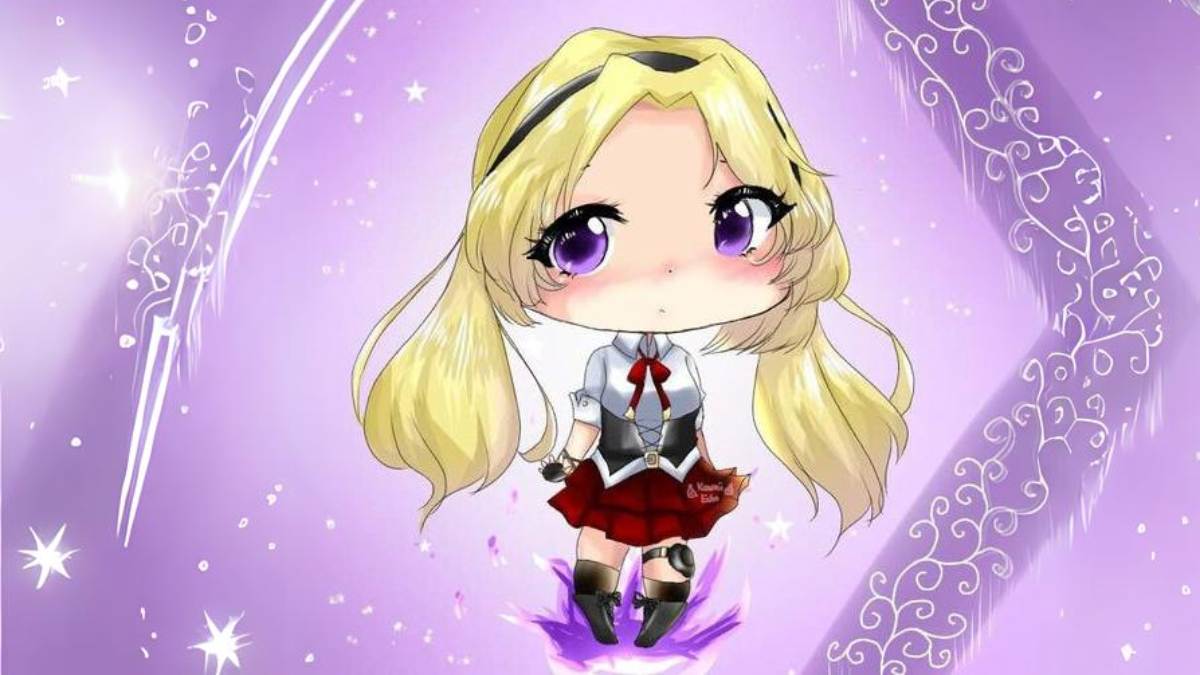 Anime chibi dễ thương nền tím, độ phân giải 675x1200, chất lượng HD, hình nền nghệ thuật, phong cách dễ thương.