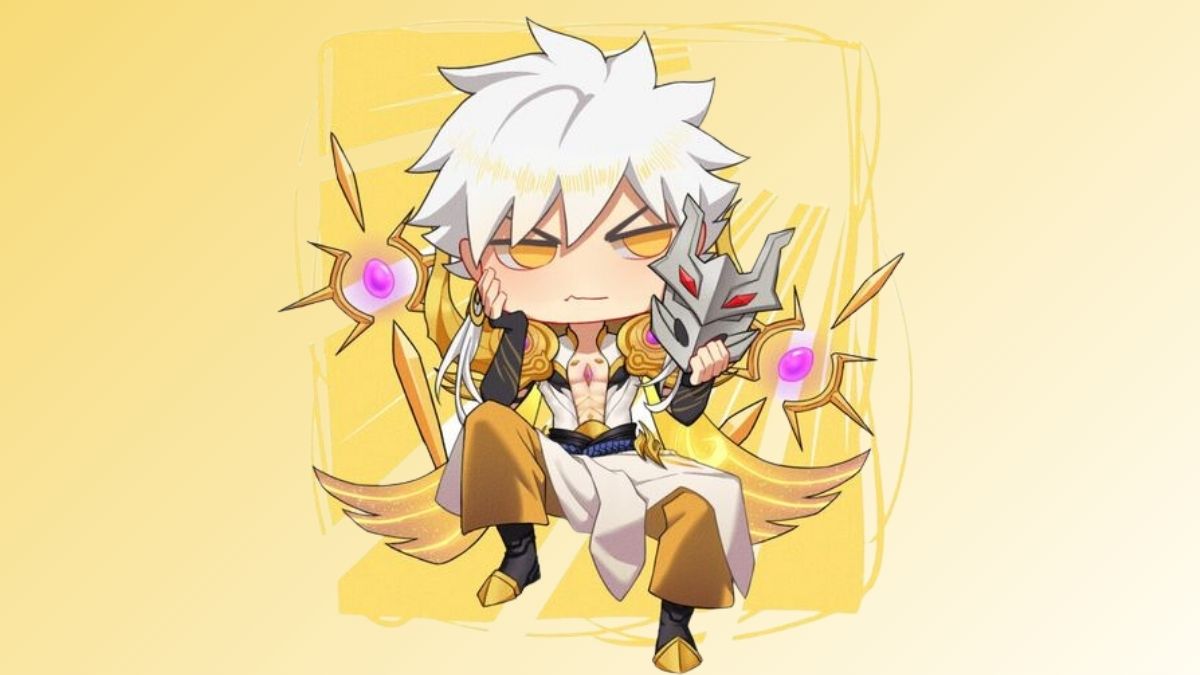 Nhân vật anime chibi ngồi với kiếm vàng, nền vàng sáng, độ phân giải 675x1200, chất lượng HD, hình nền dễ thương.