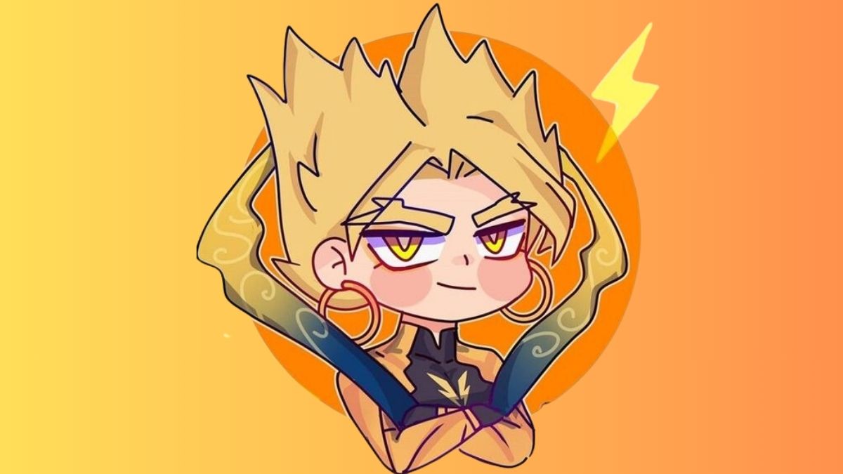Hình nền anime phong cách chibi sắc cam, 1080x1920, chất lượng HD, nhân vật tóc vàng, biểu cảm tự tin.
