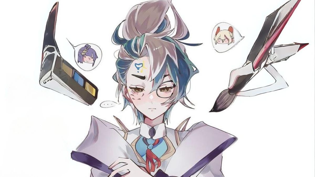 Anime nghệ thuật, nhân vật và dụng cụ vẽ trên nền trắng, độ phân giải 1080x1920, chất lượng HD, hình nền sáng tạo.