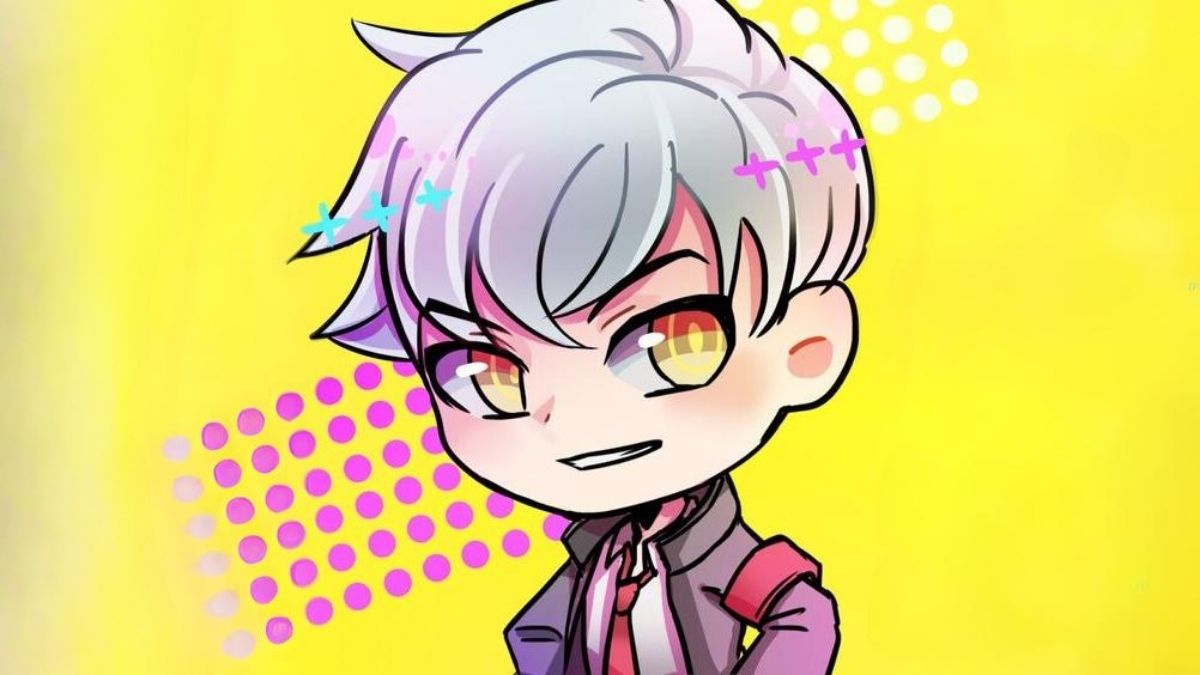 Hình nền anime chibi dễ thương, nền vàng, độ phân giải 675x1200, chất lượng HD, nhân vật nam tóc trắng.