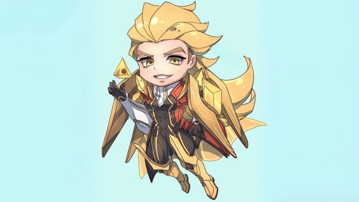 Chibi anime nhân vật vàng trên nền xanh, độ phân giải 1080x1920, ảnh HD, hình nền dễ thương, phong cách hoạt hình.