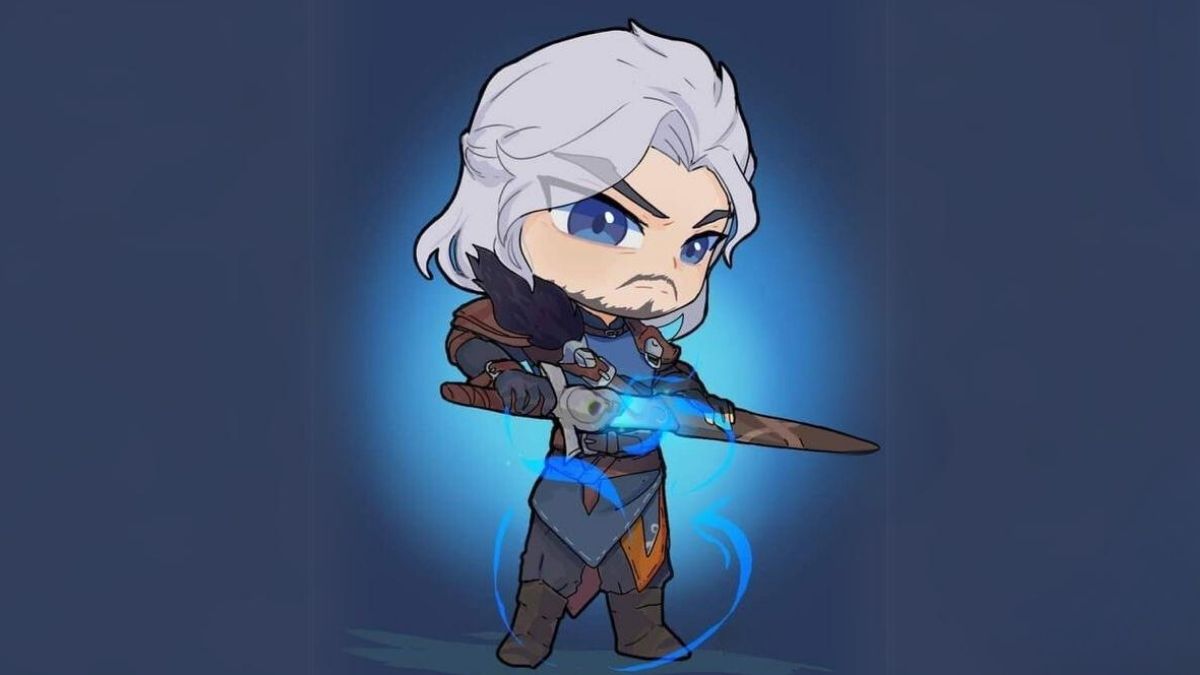Chibi nhân vật kiếm sĩ, nền xanh, độ phân giải 675x1200, ảnh HD. Từ khóa: chibi, kiếm sĩ, hình nền.