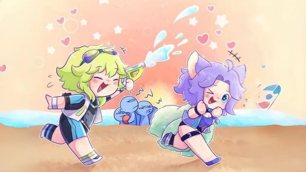 Hình nền anime vui nhộn, hai nhân vật hoạt hình ở bãi biển, độ phân giải 675x1200, chất lượng HD.