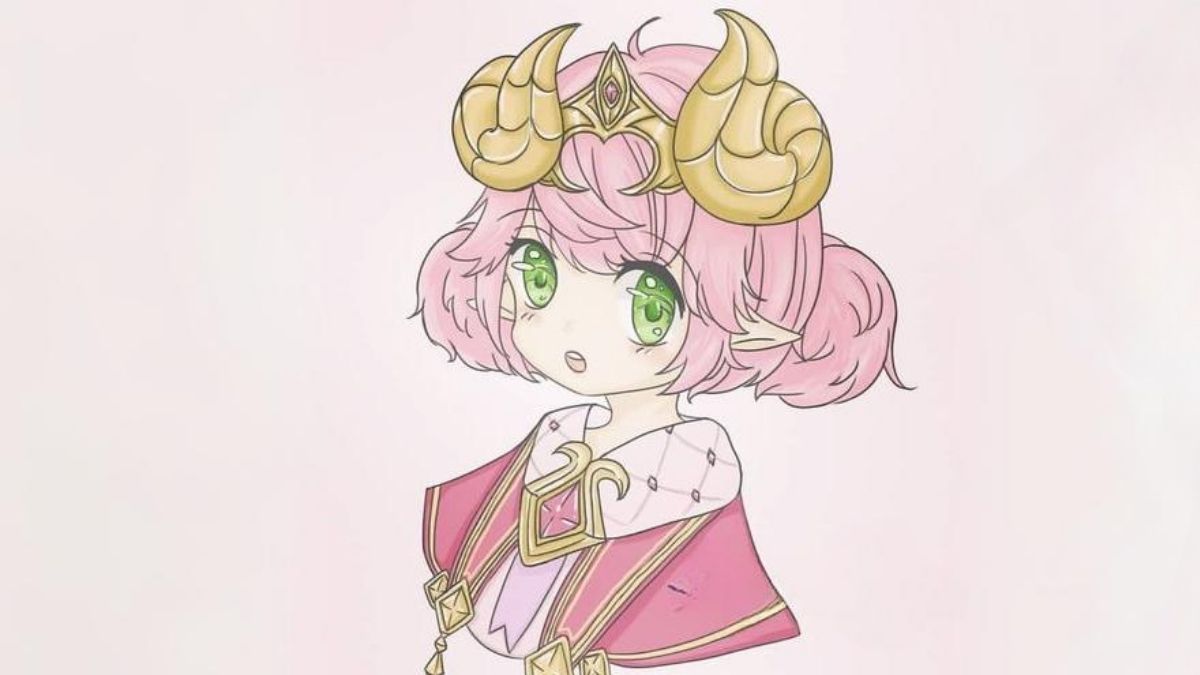 Anime dễ thương với tóc hồng, mắt xanh, đội mũ sừng vàng. Hình nền 1080x1920, chất lượng HD. Từ khóa: anime, dễ thương.