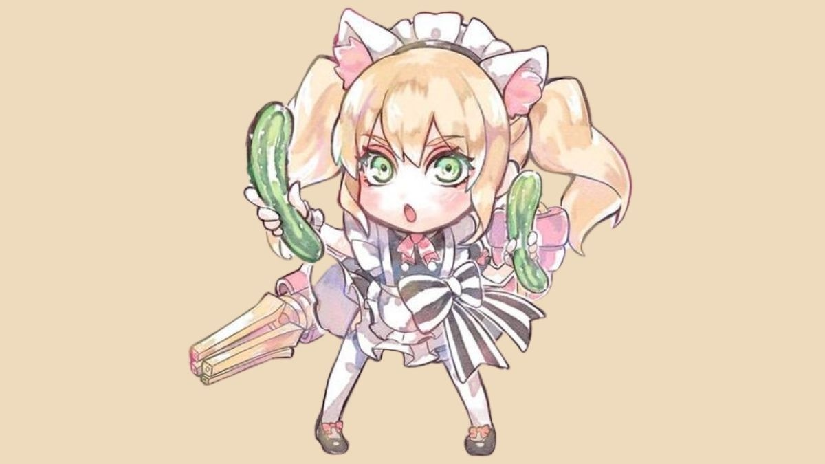 Hình nền anime chibi dễ thương cầm dưa leo, nền be, độ phân giải 675x1200, HD. Từ khóa: anime, chibi, dễ thương.