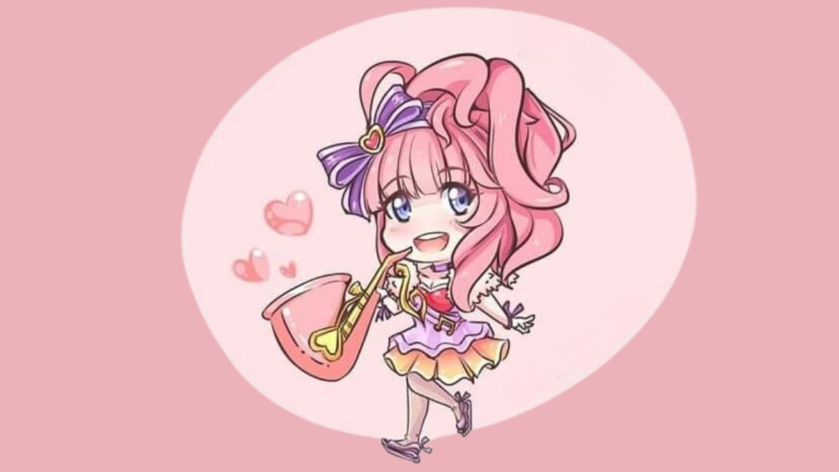 Chibi dễ thương tóc hồng chơi kèn, nền hồng pastel, độ phân giải 1080x1920, chất lượng HD, hình nền anime.