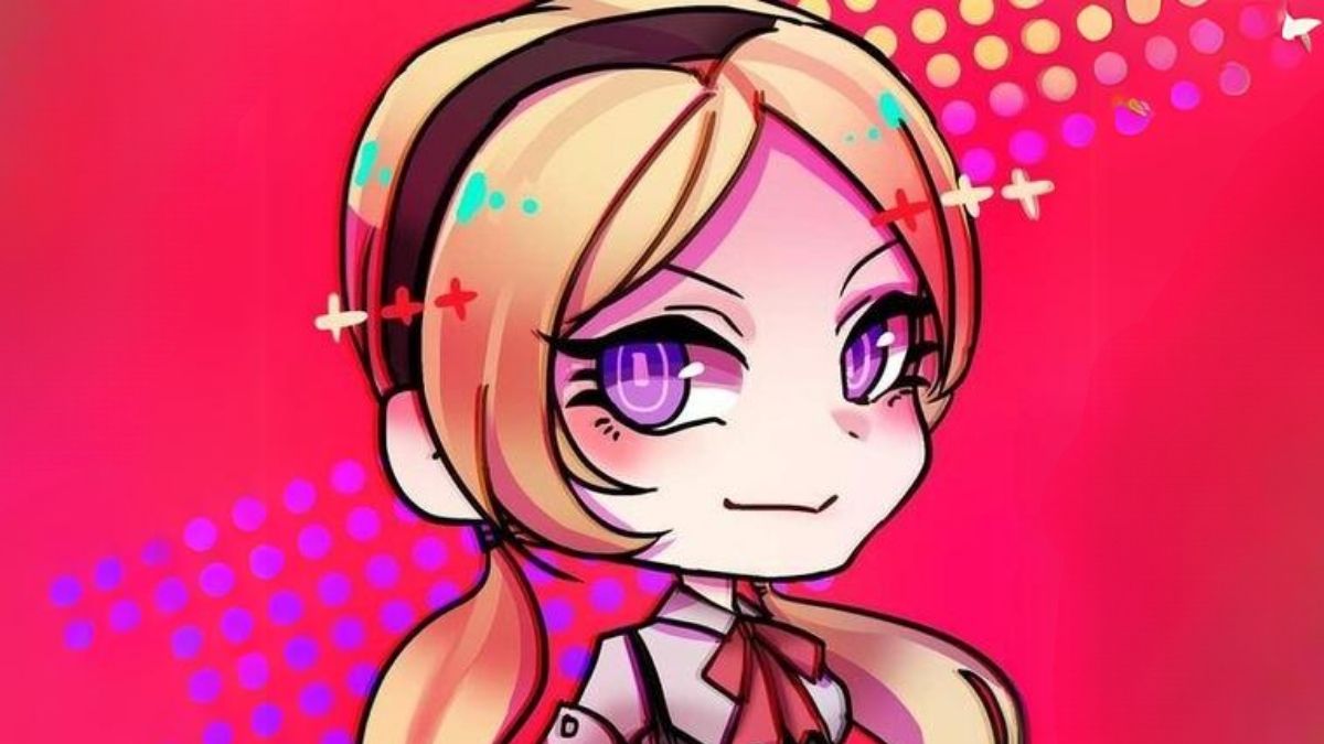 Anime chibi girl on vibrant pink background, HD quality, 675x1200. Keywords: anime, chibi, colorful.