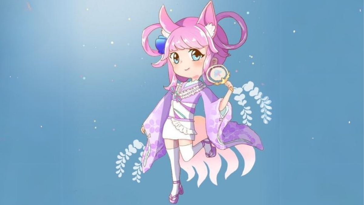 Hình nền anime dễ thương, nền xanh, đồ họa HD, độ phân giải 675x1200, phong cách chibi, nhân vật tóc hồng.