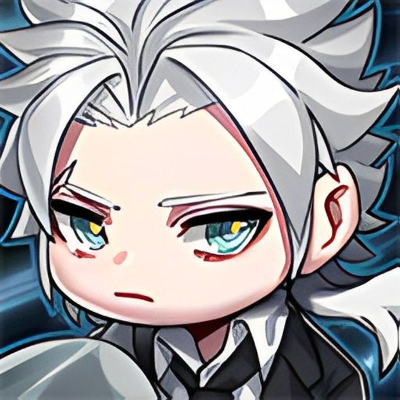 Chibi anime nhân vật tóc trắng biểu cảm lạnh lùng, ảnh nền 768x768, chất lượng HD, phong cách nghệ thuật số.