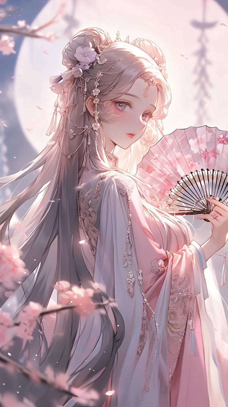 Cô gái anime trong trang phục truyền thống, cầm quạt dưới ánh trăng, 1080x1920, hình nền HD lãng mạn và tinh tế.