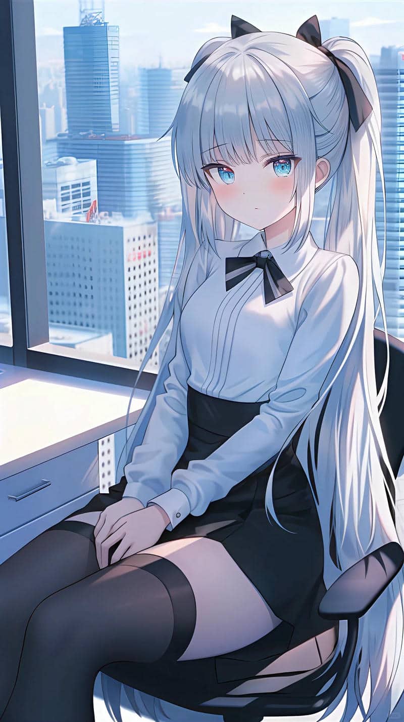 Anime girl sitting by office window, cityscape view, 1369x768, HD wallpaper. Perfect blend of elegance and modernity.