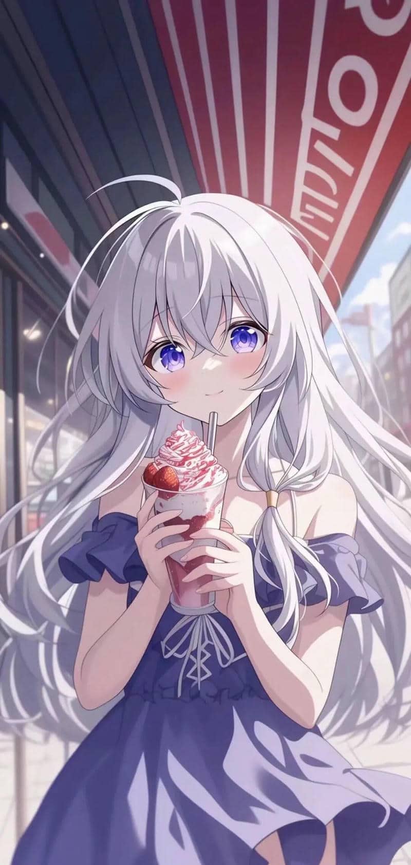 Anime girl enjoying strawberry milkshake on a sunny day, HD 1080x1920, charming illustration background.