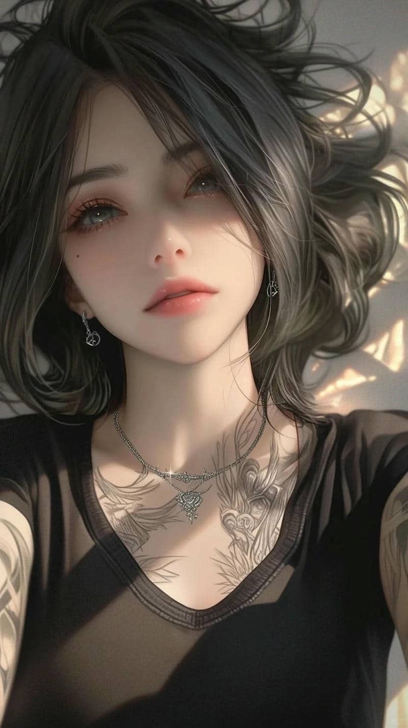 Hình nền anime nữ cá tính với tóc đen, hình xăm nghệ thuật, độ phân giải 1369x768, chất lượng HD.