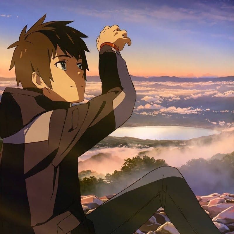 Anime nhân vật nhìn bình minh trên núi, khung cảnh đẹp mê hoặc, chất lượng HD, độ phân giải 1080x1920.