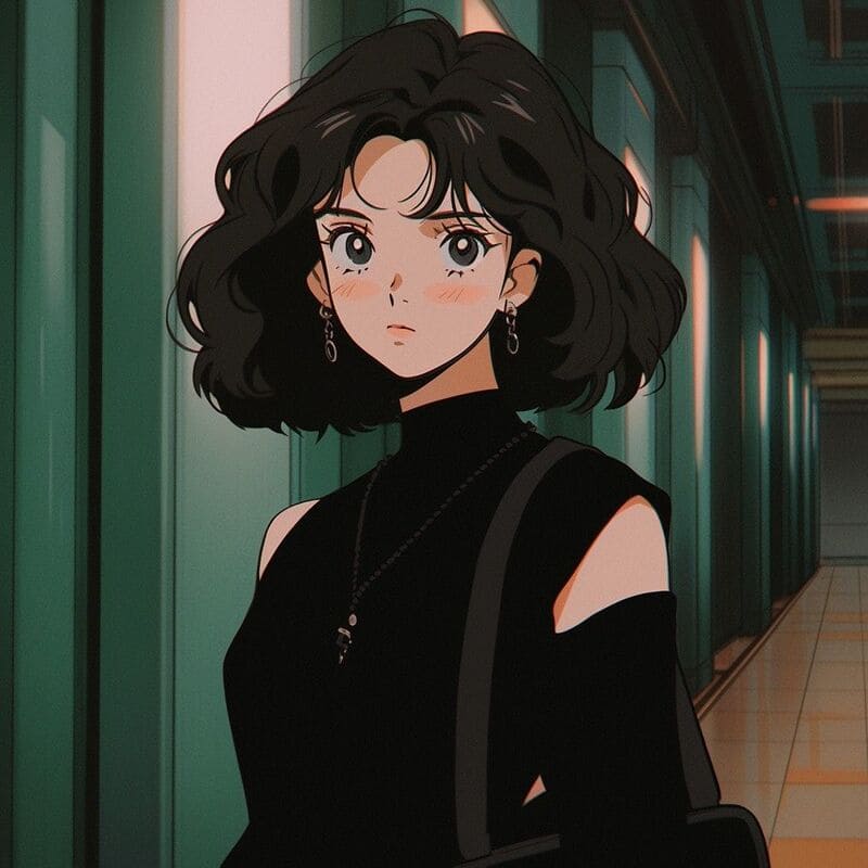 Hình nền anime cô gái tóc đen trong hành lang, chất lượng HD, 1080x1920, phong cách nghệ thuật độc đáo.