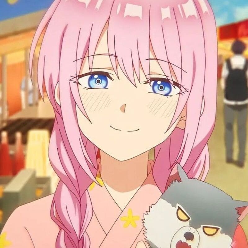 Anime girl with pink hair and a cute dog, vibrant festival background, HD quality, 1080x1920.