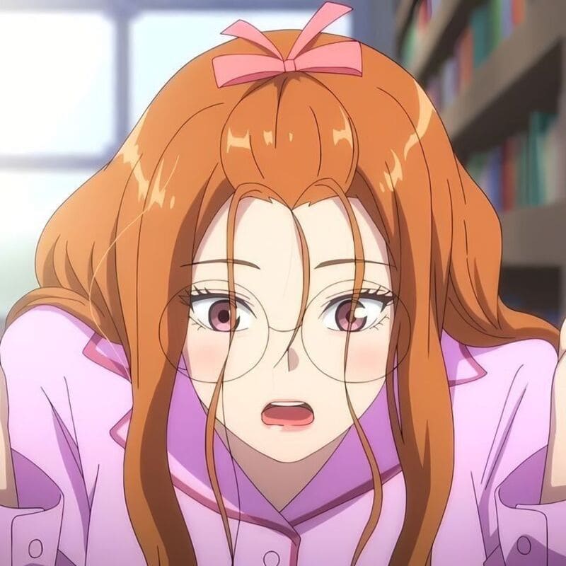Anime girl with glasses, surprised expression in a library setting, HD quality, 1080x1920 background image.