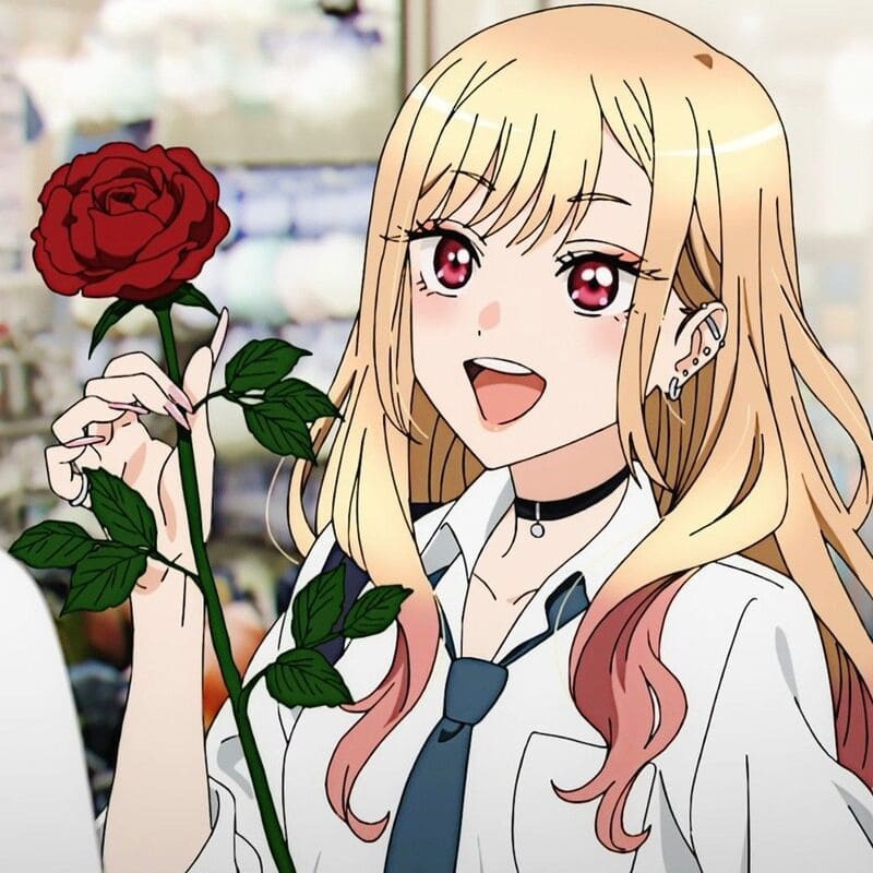 Nhân vật anime cầm hoa hồng đỏ, chất lượng HD, hình nền 1080x1920, phong cách tươi sáng, nổi bật.