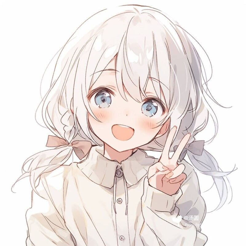 Hình nền anime dễ thương, nhân vật tóc trắng, mắt xanh, độ phân giải 1080x1920, chất lượng HD, phong cách tươi sáng.