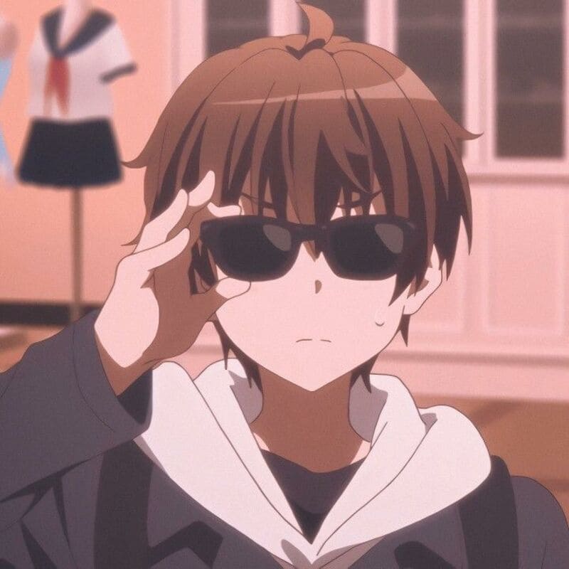 Anime nhân vật đeo kính râm trong phòng học, hình nền HD 1080x1920, phong cách hoạt hình cuốn hút.