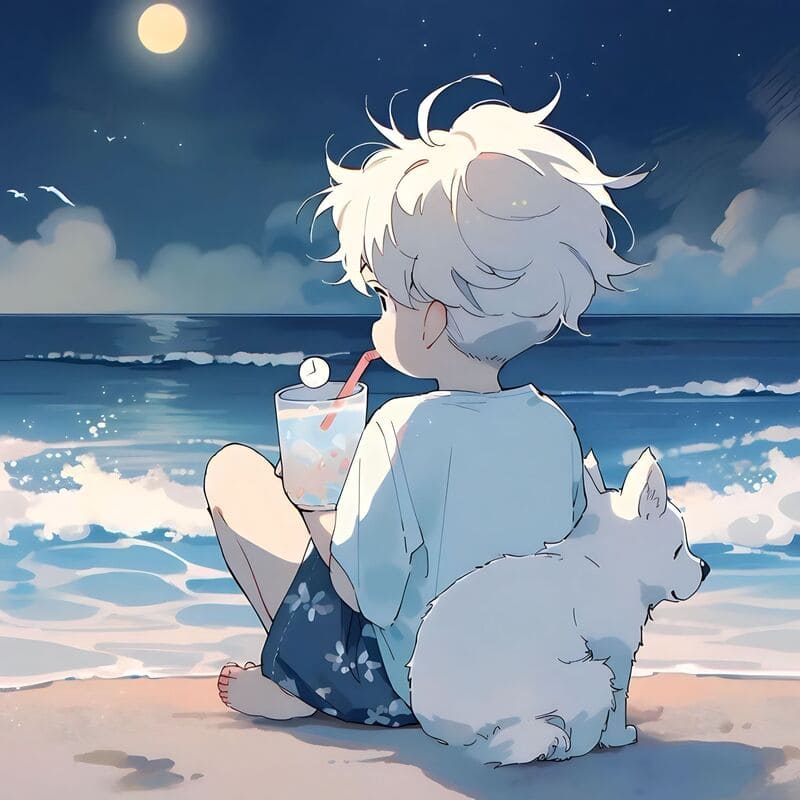 Hình nền anime biển đêm, người và chó bên sóng, độ phân giải 1080x1920, chất lượng HD, phong cảnh yên bình.