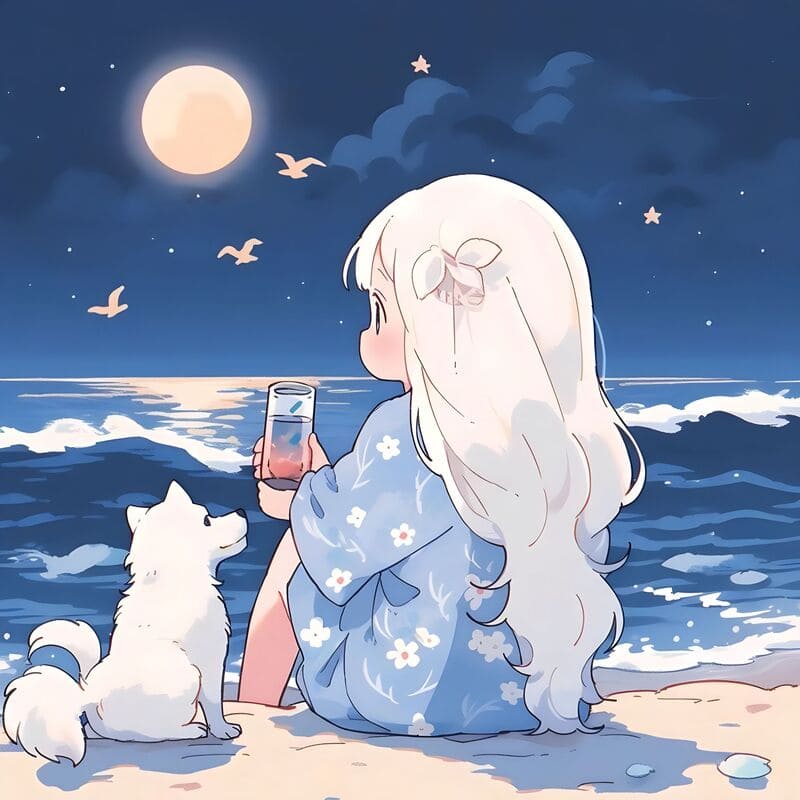 Hình nền anime cô gái và chó ngắm trăng trên biển, chất lượng HD, 1080x1920, phong cảnh đêm yên bình.