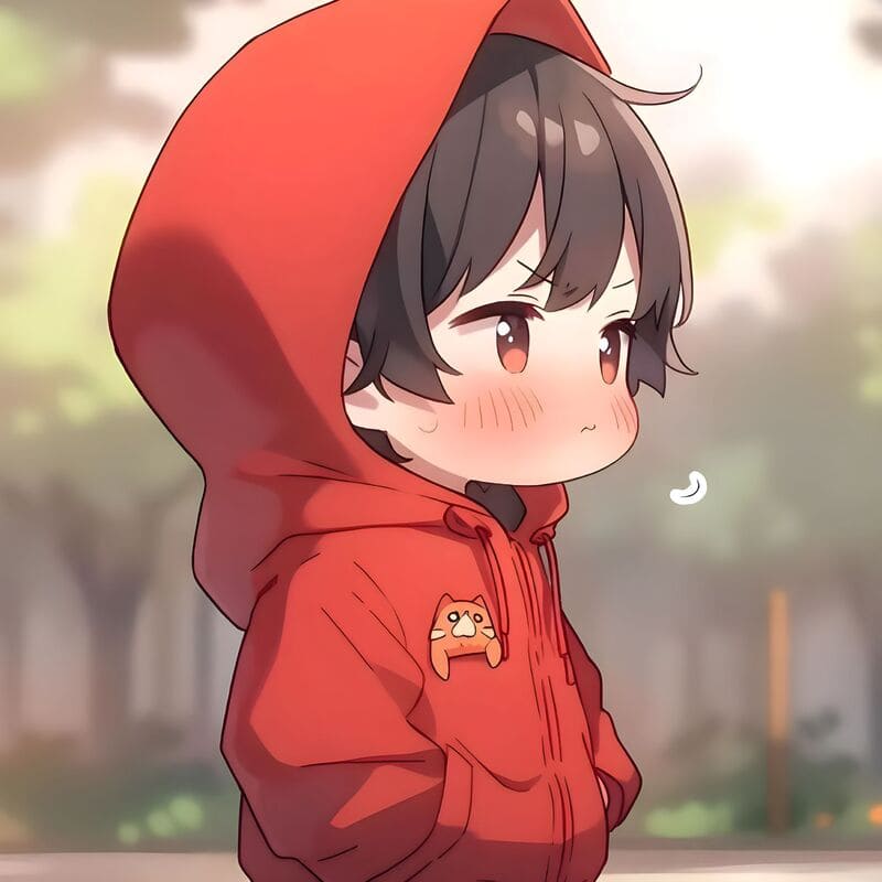 Hình nền anime đáng yêu với nhân vật mặc áo hoodie đỏ, chất lượng HD, kích thước 1080x1920, phong cách dễ thương.