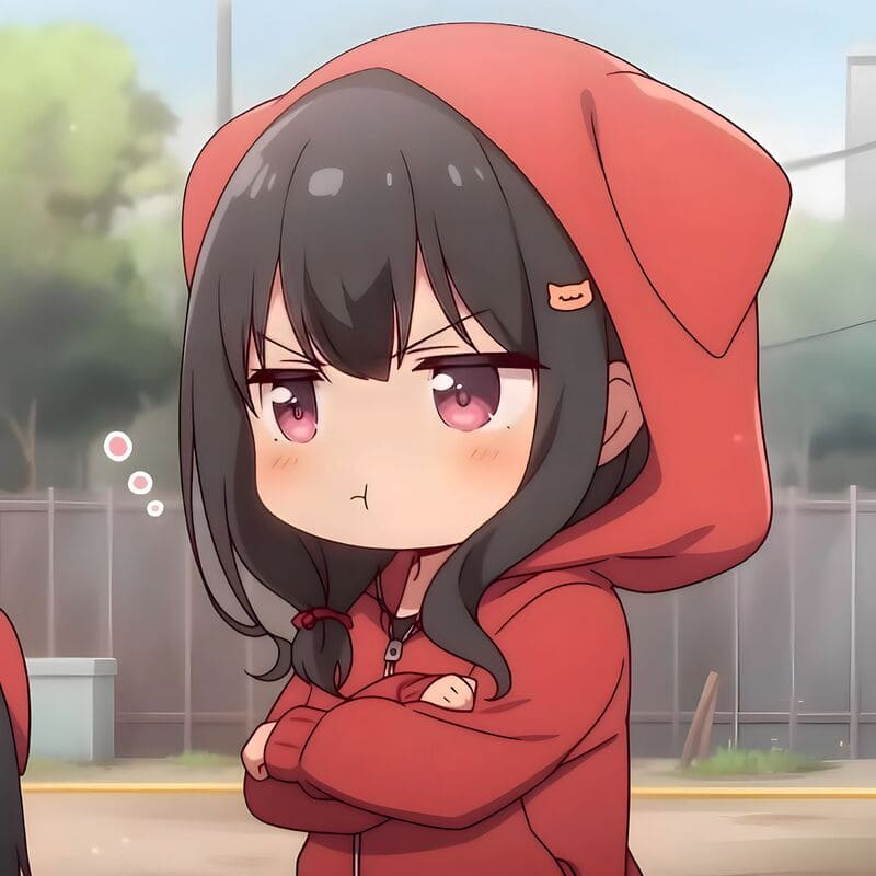 Nhân vật anime dễ thương trong áo hoodie đỏ, biểu cảm đáng yêu. Hình nền HD 1080x1920, chất lượng cao.