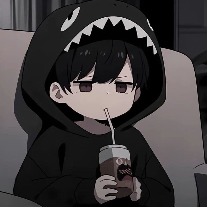 Hình nền anime dễ thương, bé đội áo hoodie cá mập, uống nước, chất lượng HD, 1080x1920, phong cách tối giản.